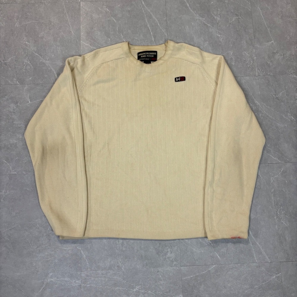 Abercrombie & Fitch Mens XL Cream Ribbed Knit Crew Neck Sweater Vintage A+F 92